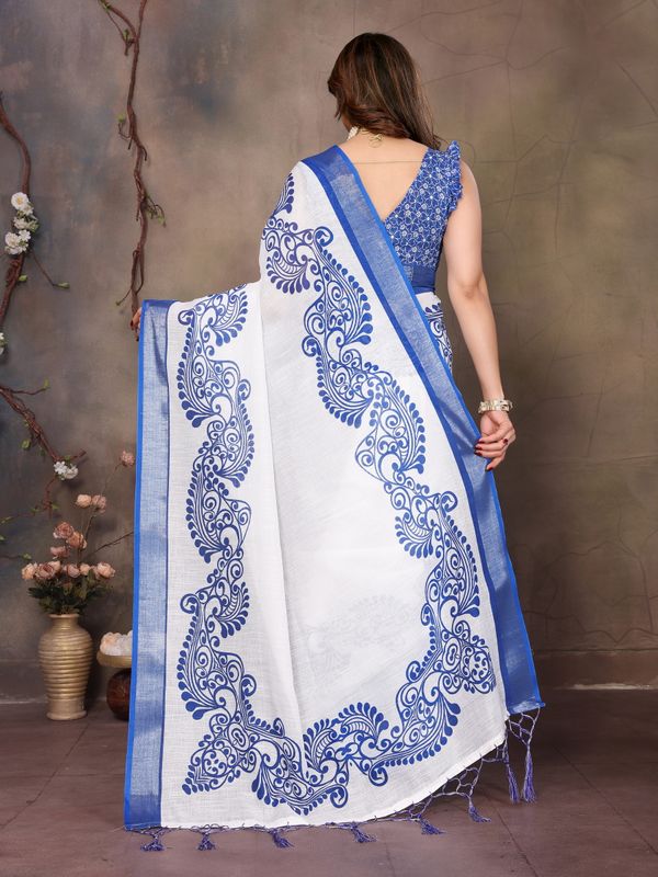White Cotton Linen Saree with Royal Blue Floral Digital Print