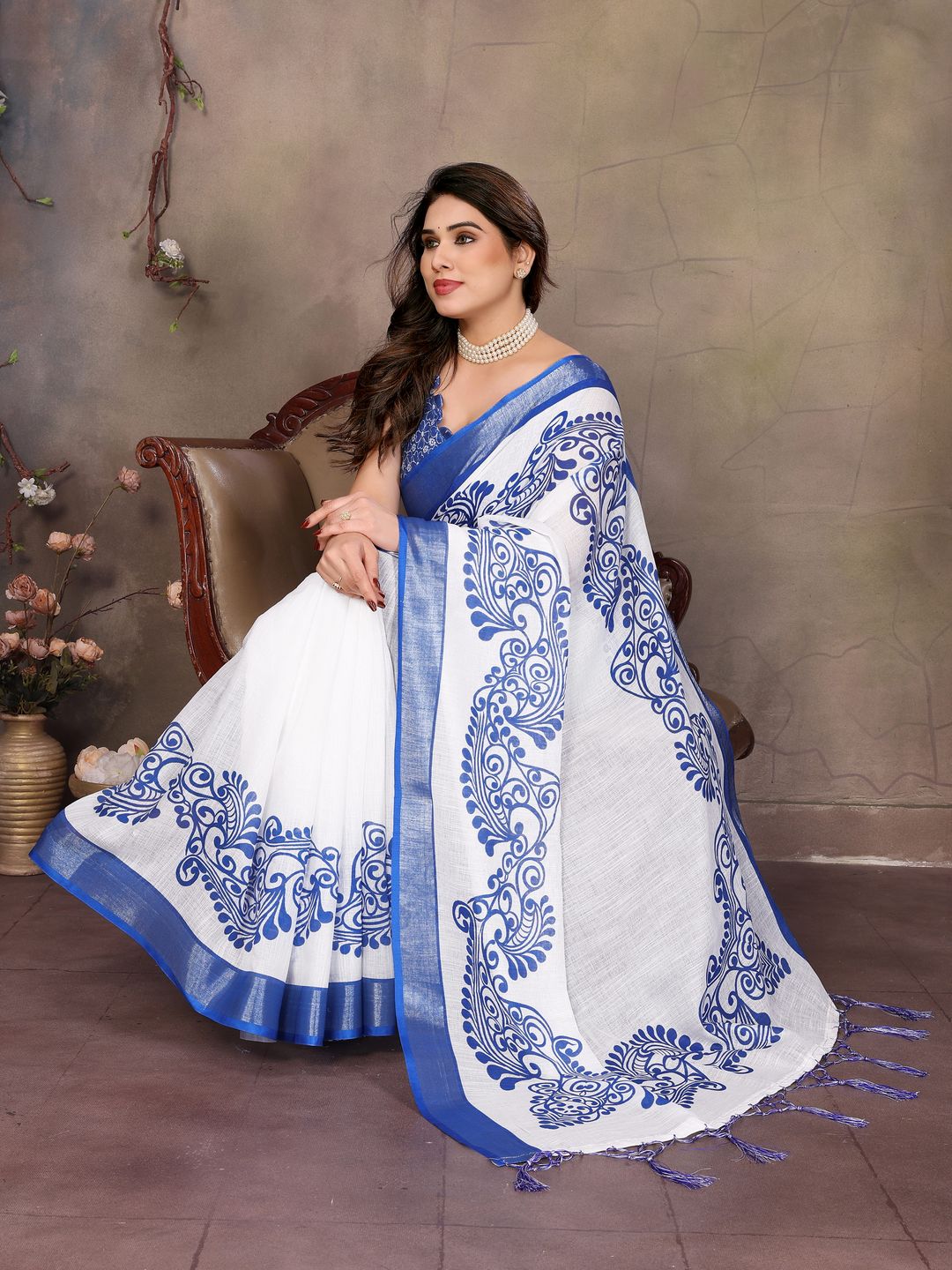 White Cotton Linen Saree with Royal Blue Floral Digital Print