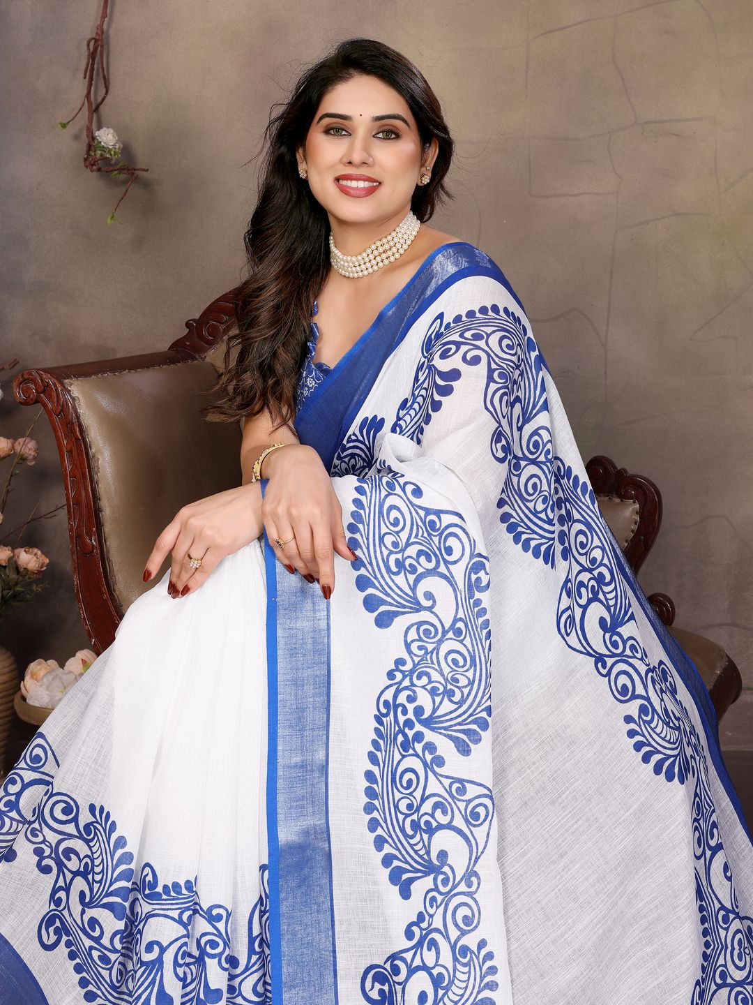 White Cotton Linen Saree with Royal Blue Floral Digital Print