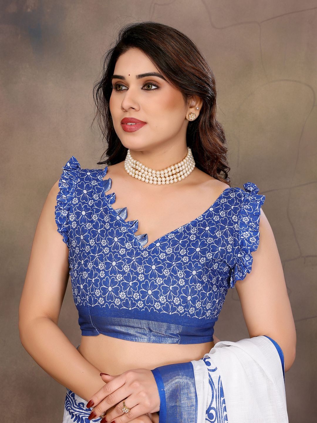 White Cotton Linen Saree with Royal Blue Floral Digital Print