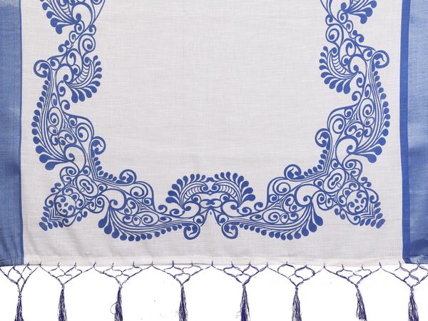 White Cotton Linen Saree with Royal Blue Floral Digital Print