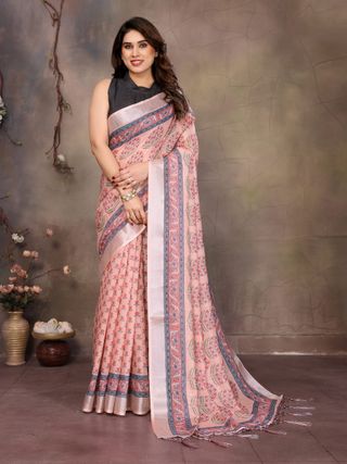 Peach Pink Cotton Linen Saree with Floral Digital Print