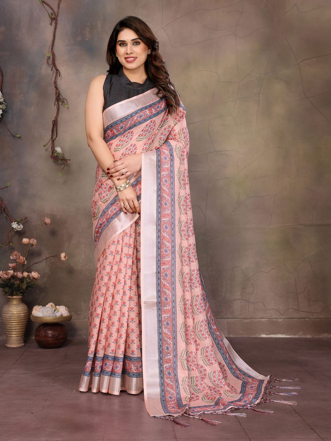 Peach Pink Cotton Linen Saree with Floral Digital Print