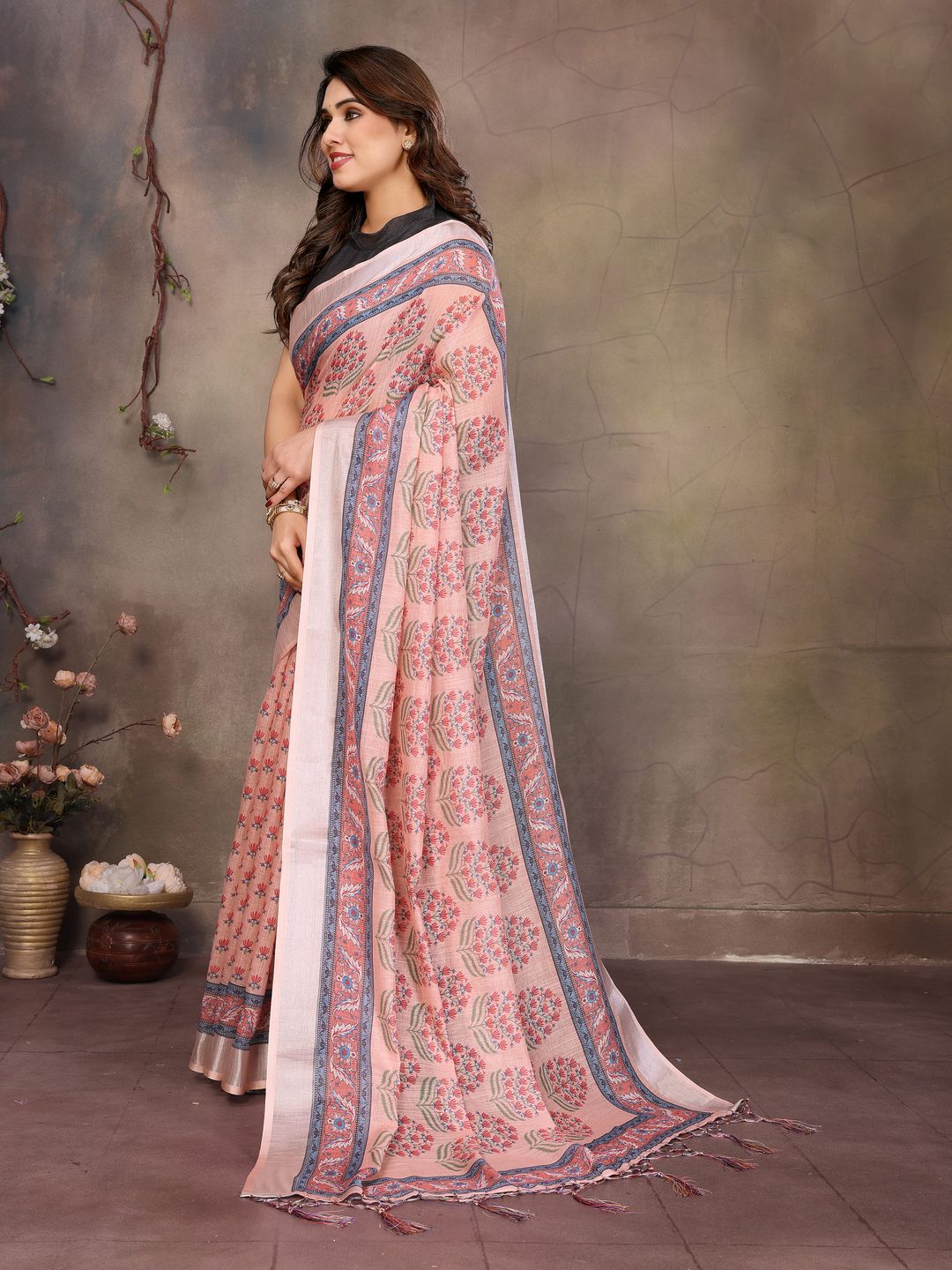 Peach Pink Cotton Linen Saree with Floral Digital Print