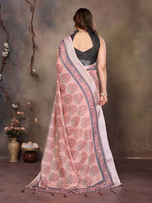 Peach Pink Cotton Linen Saree with Floral Digital Print