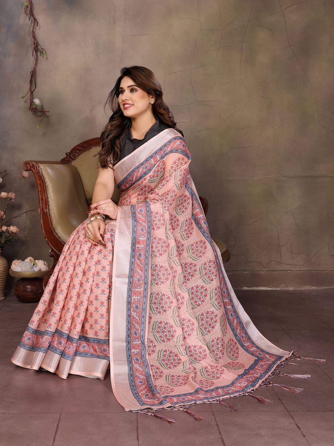 Peach Pink Cotton Linen Saree with Floral Digital Print