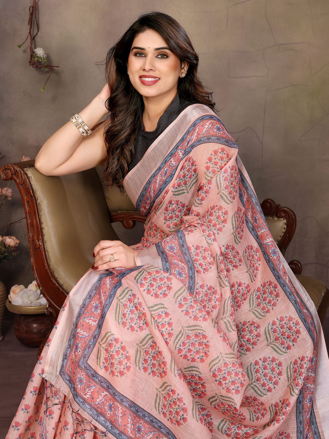 Peach Pink Cotton Linen Saree with Floral Digital Print