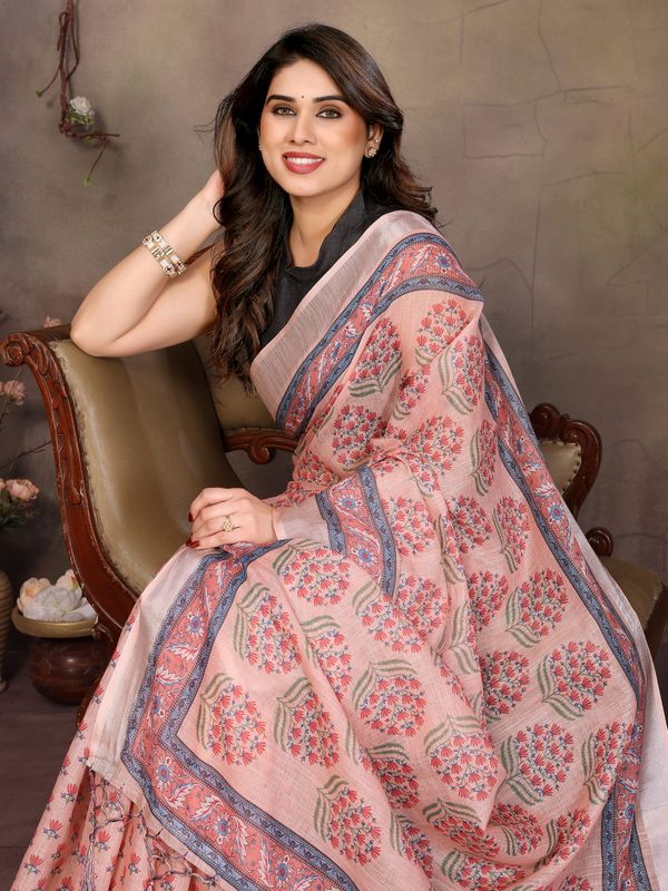 Peach Pink Cotton Linen Saree with Floral Digital Print