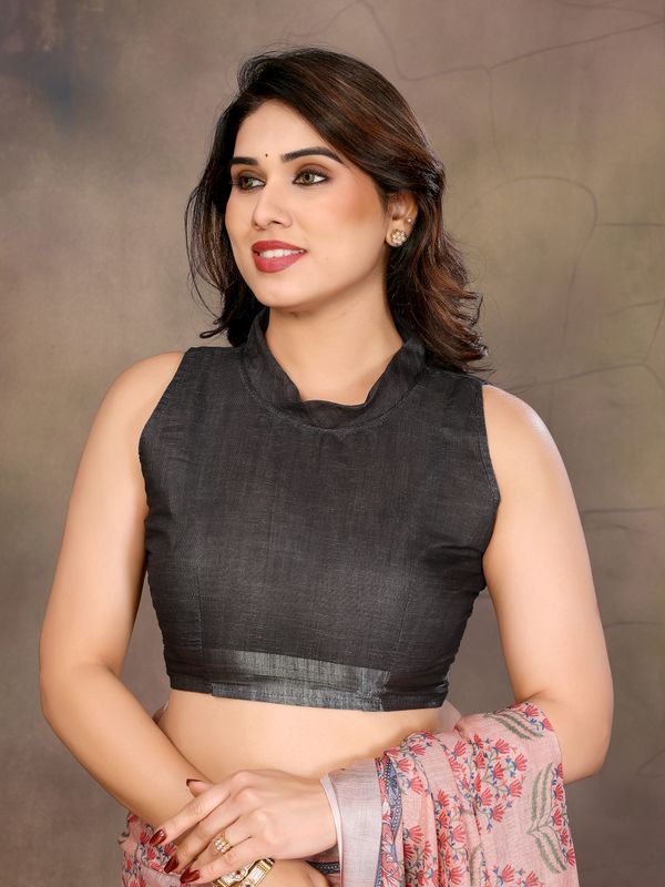Peach Pink Cotton Linen Saree with Floral Digital Print