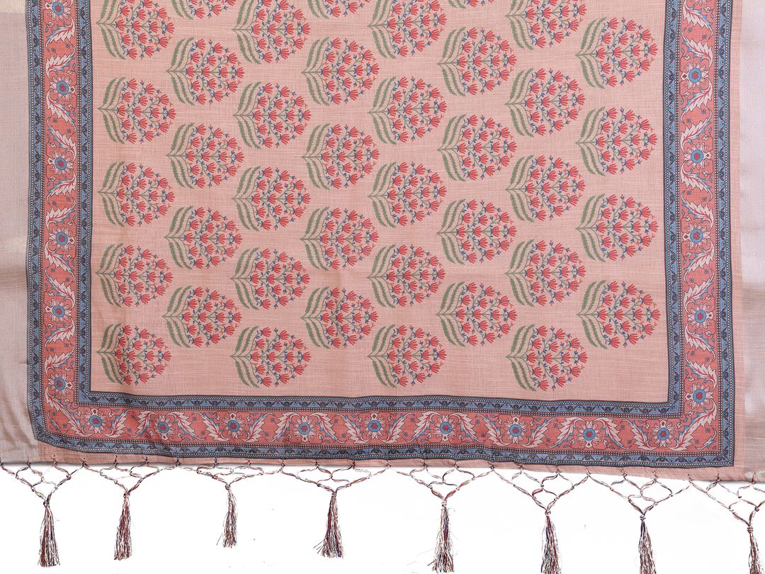 Peach Pink Cotton Linen Saree with Floral Digital Print