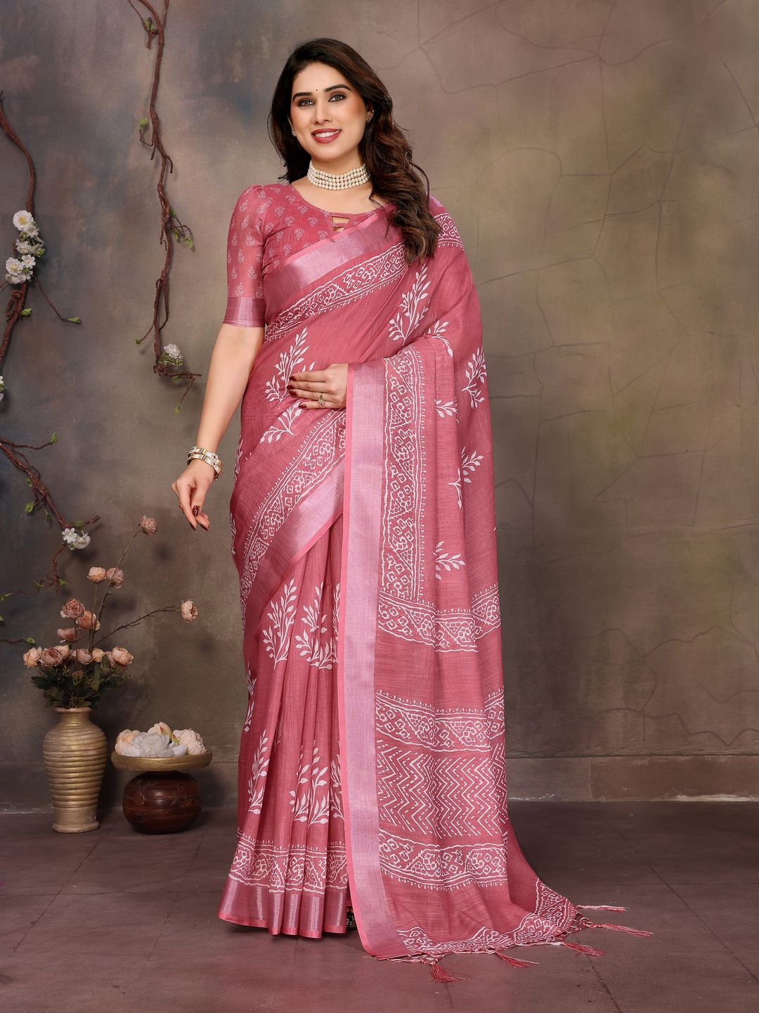 Dusty Rose Pink Cotton Linen Saree with White Digital Prints