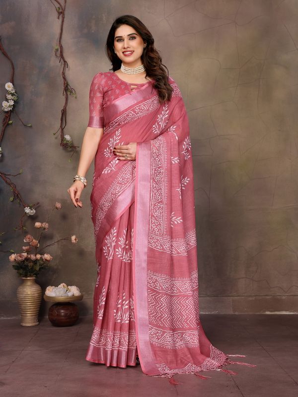 Dusty Rose Pink Cotton Linen Saree with White Digital Prints