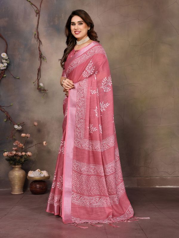 Dusty Rose Pink Cotton Linen Saree with White Digital Prints