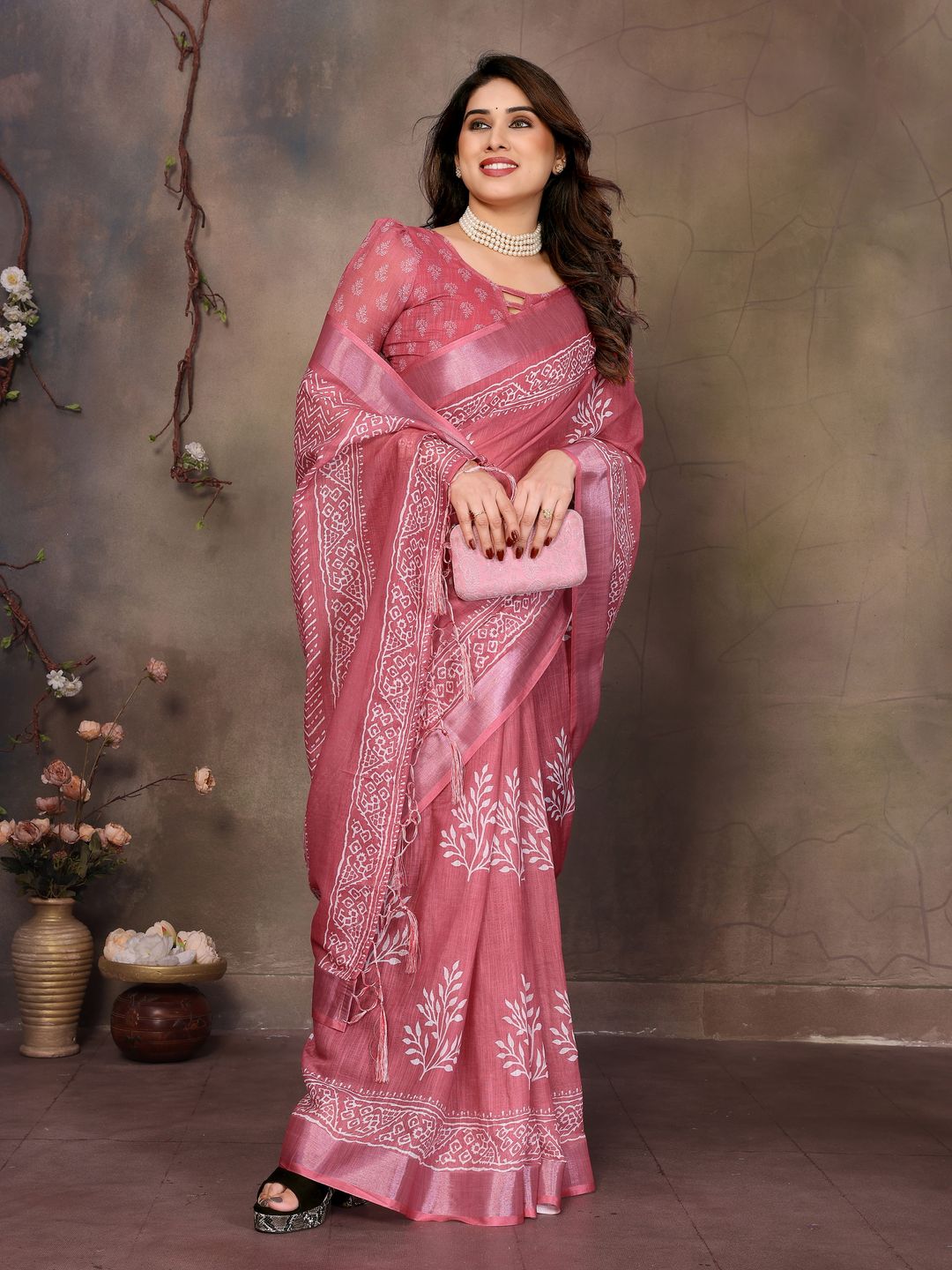 Dusty Rose Pink Cotton Linen Saree with White Digital Prints