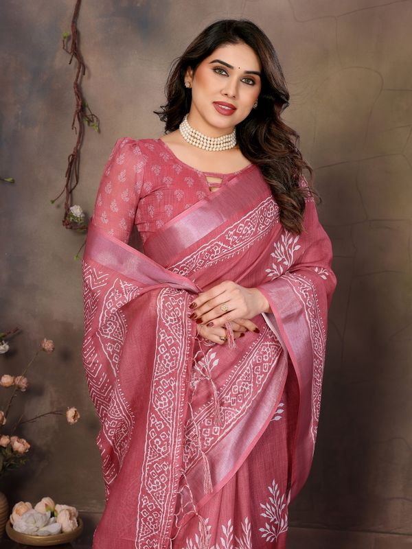 Dusty Rose Pink Cotton Linen Saree with White Digital Prints