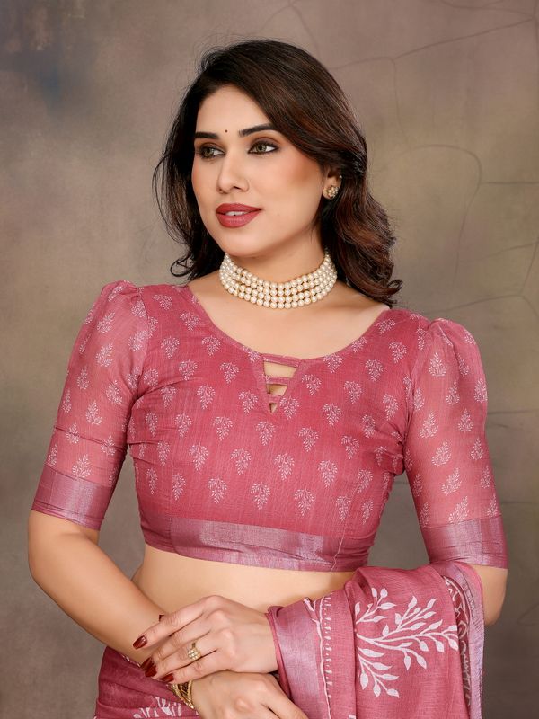 Dusty Rose Pink Cotton Linen Saree with White Digital Prints