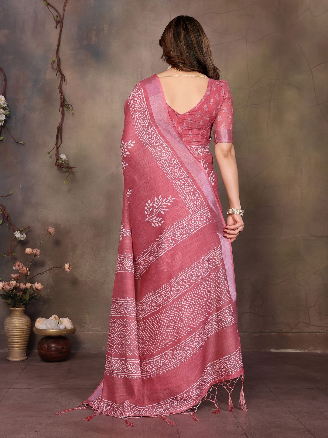 Dusty Rose Pink Cotton Linen Saree with White Digital Prints