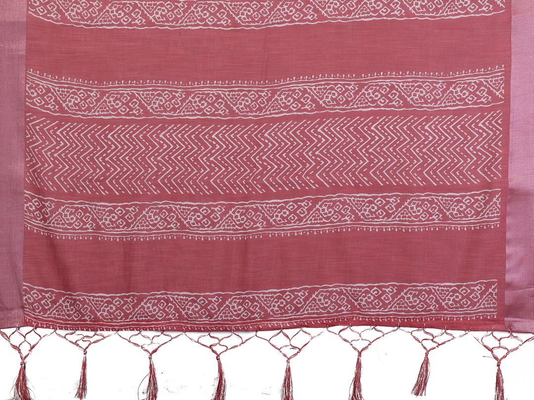 Dusty Rose Pink Cotton Linen Saree with White Digital Prints