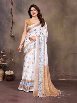 Off White Cotton Linen Saree with Blue Floral Print & Gold Border