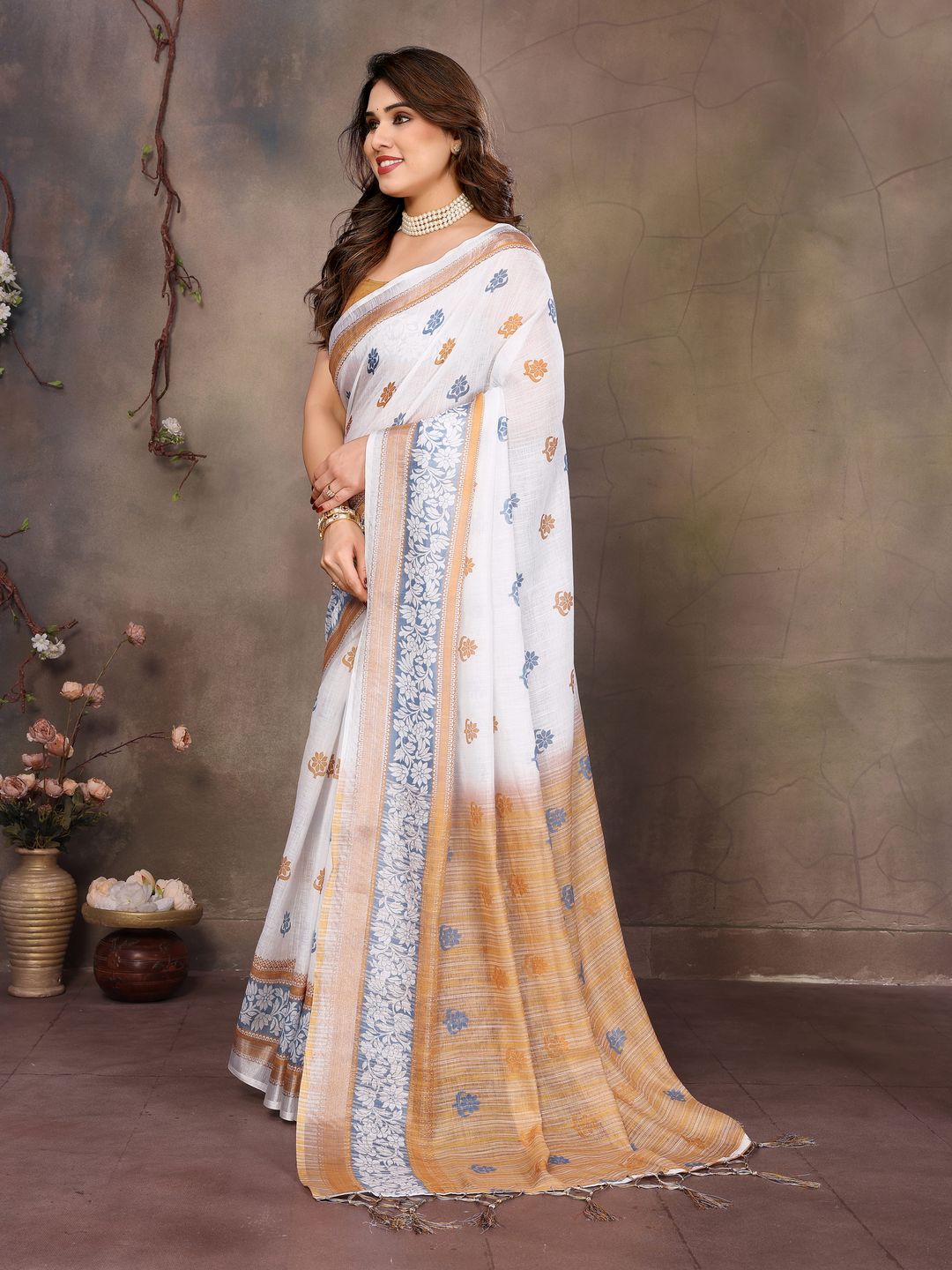 Off White Cotton Linen Saree with Blue Floral Print & Gold Border
