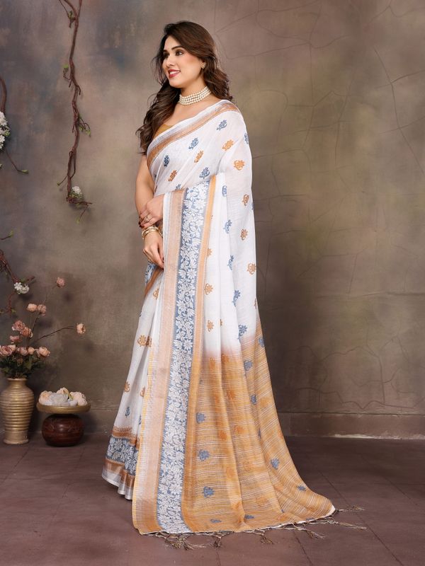 Off White Cotton Linen Saree with Blue Floral Print & Gold Border