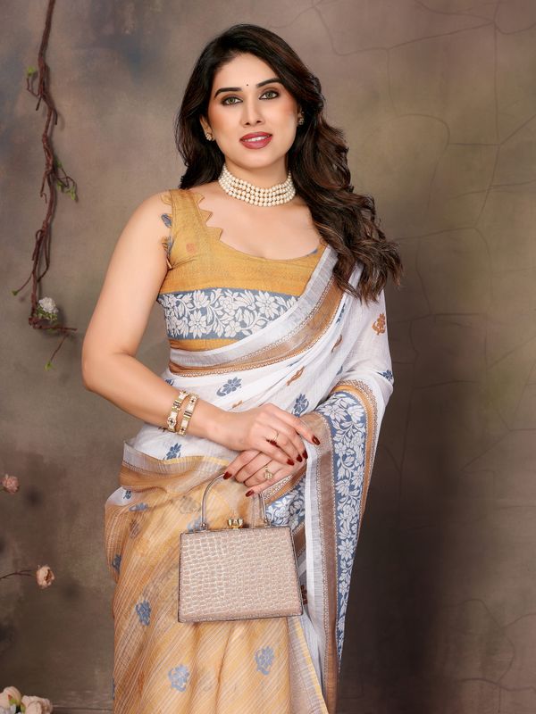 Off White Cotton Linen Saree with Blue Floral Print & Gold Border