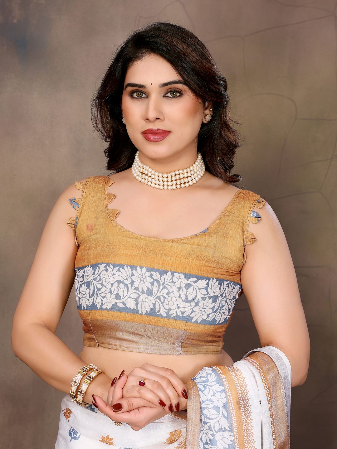 Off White Cotton Linen Saree with Blue Floral Print & Gold Border