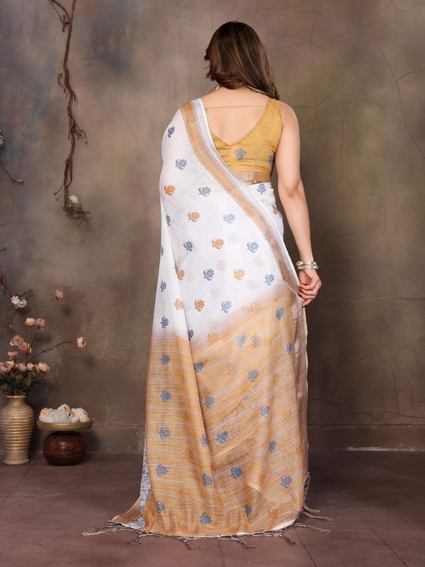 Off White Cotton Linen Saree with Blue Floral Print & Gold Border
