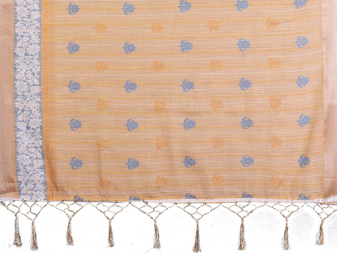 Off White Cotton Linen Saree with Blue Floral Print & Gold Border