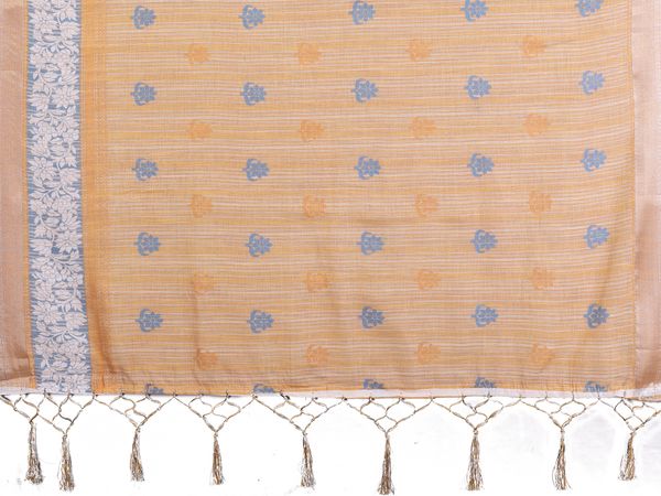 Off White Cotton Linen Saree with Blue Floral Print & Gold Border
