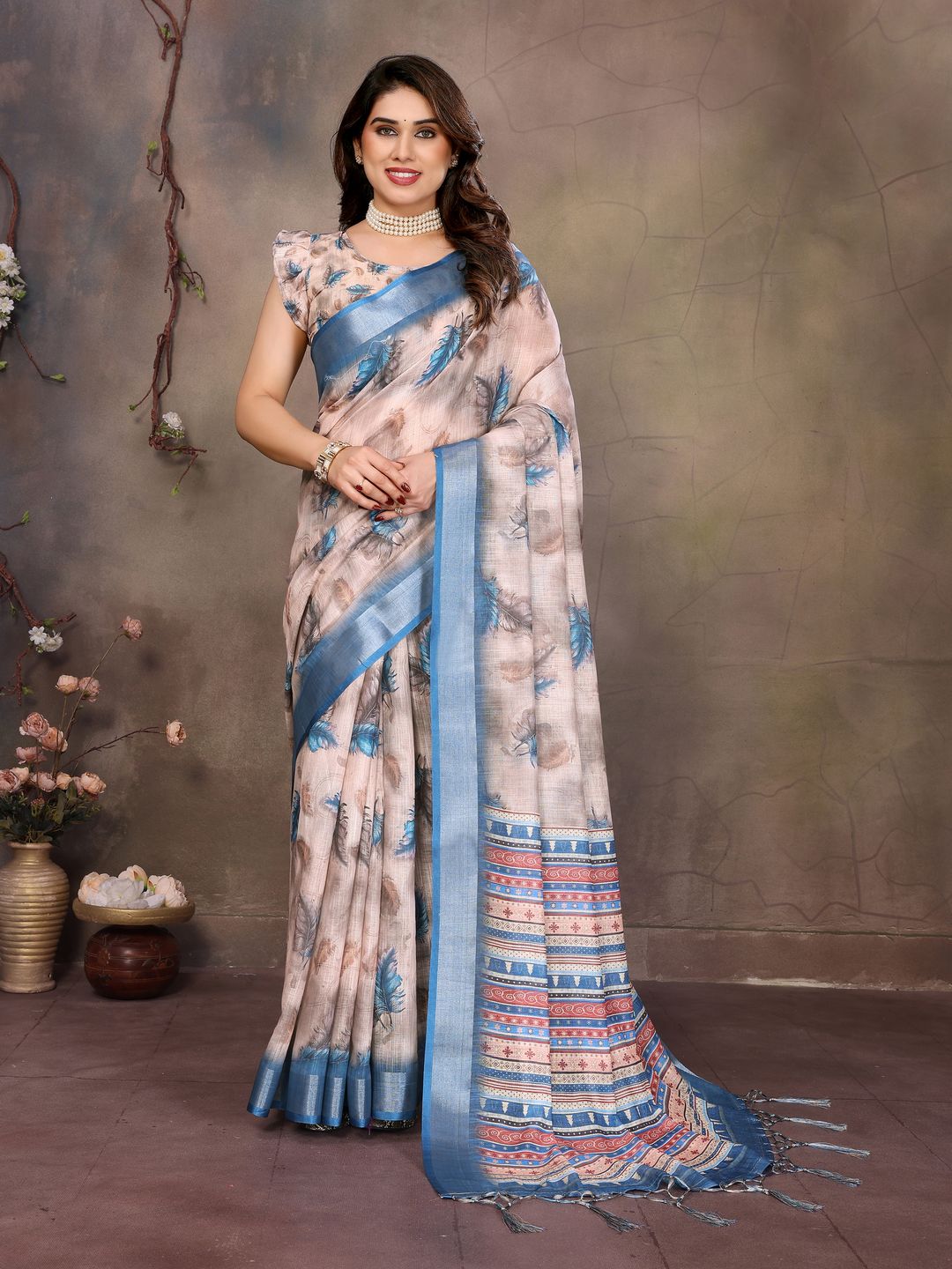 Cream Cotton Linen Saree with Blue Feather Print and Designer Border