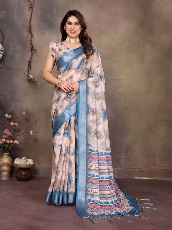 Cream Cotton Linen Saree with Blue Feather Print and Designer Border