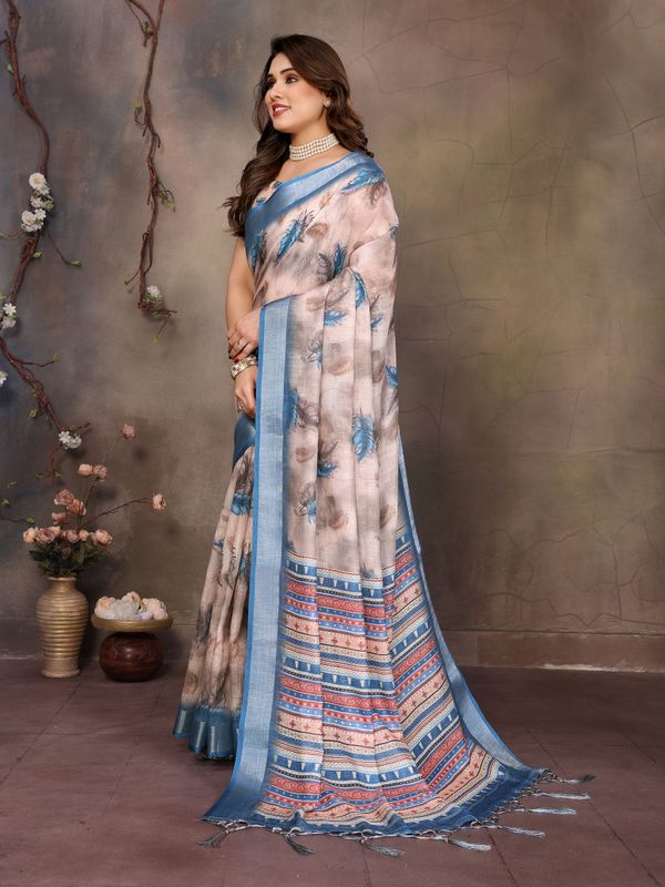Cream Cotton Linen Saree with Blue Feather Print and Designer Border