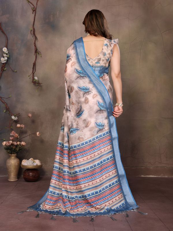 Cream Cotton Linen Saree with Blue Feather Print and Designer Border