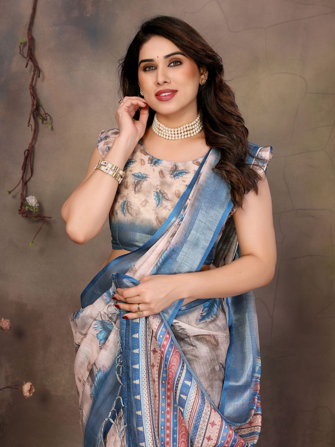 Cream Cotton Linen Saree with Blue Feather Print and Designer Border