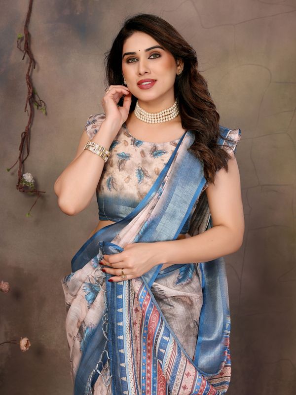 Cream Cotton Linen Saree with Blue Feather Print and Designer Border