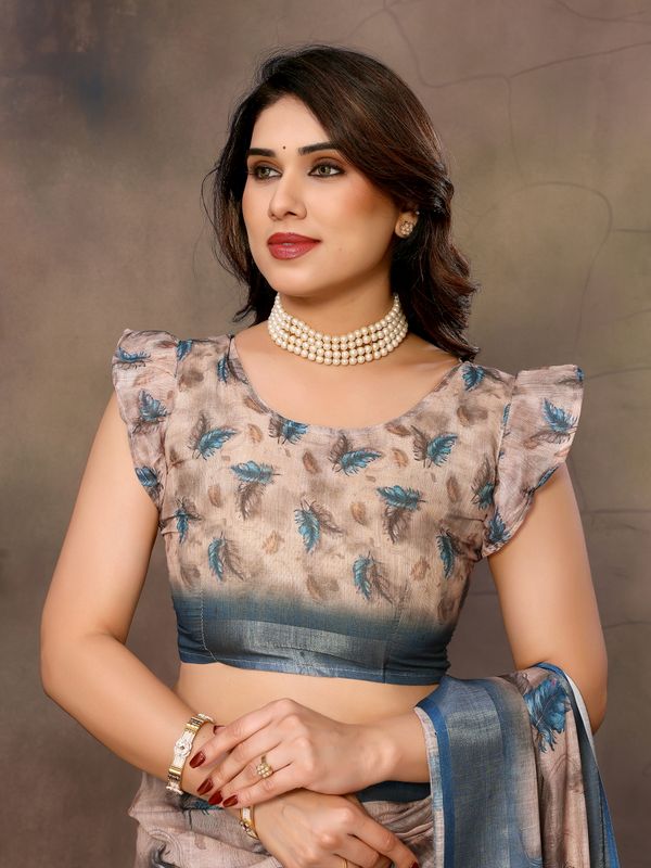 Cream Cotton Linen Saree with Blue Feather Print and Designer Border