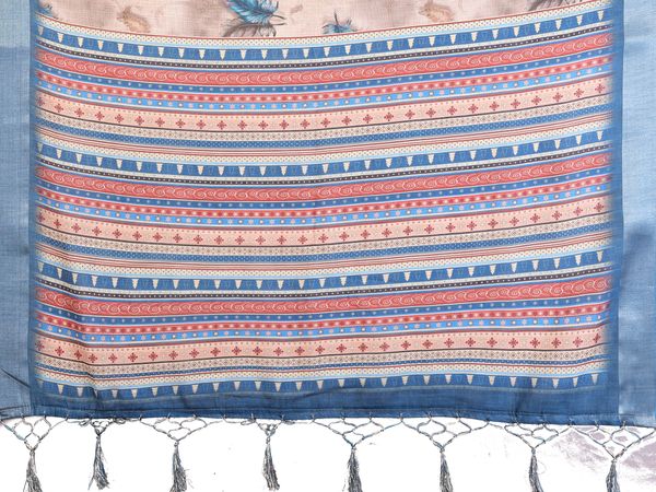 Cream Cotton Linen Saree with Blue Feather Print and Designer Border