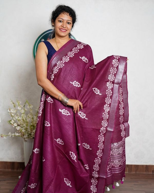 Wine Purple Saree with White Floral Motifs and Pink Border