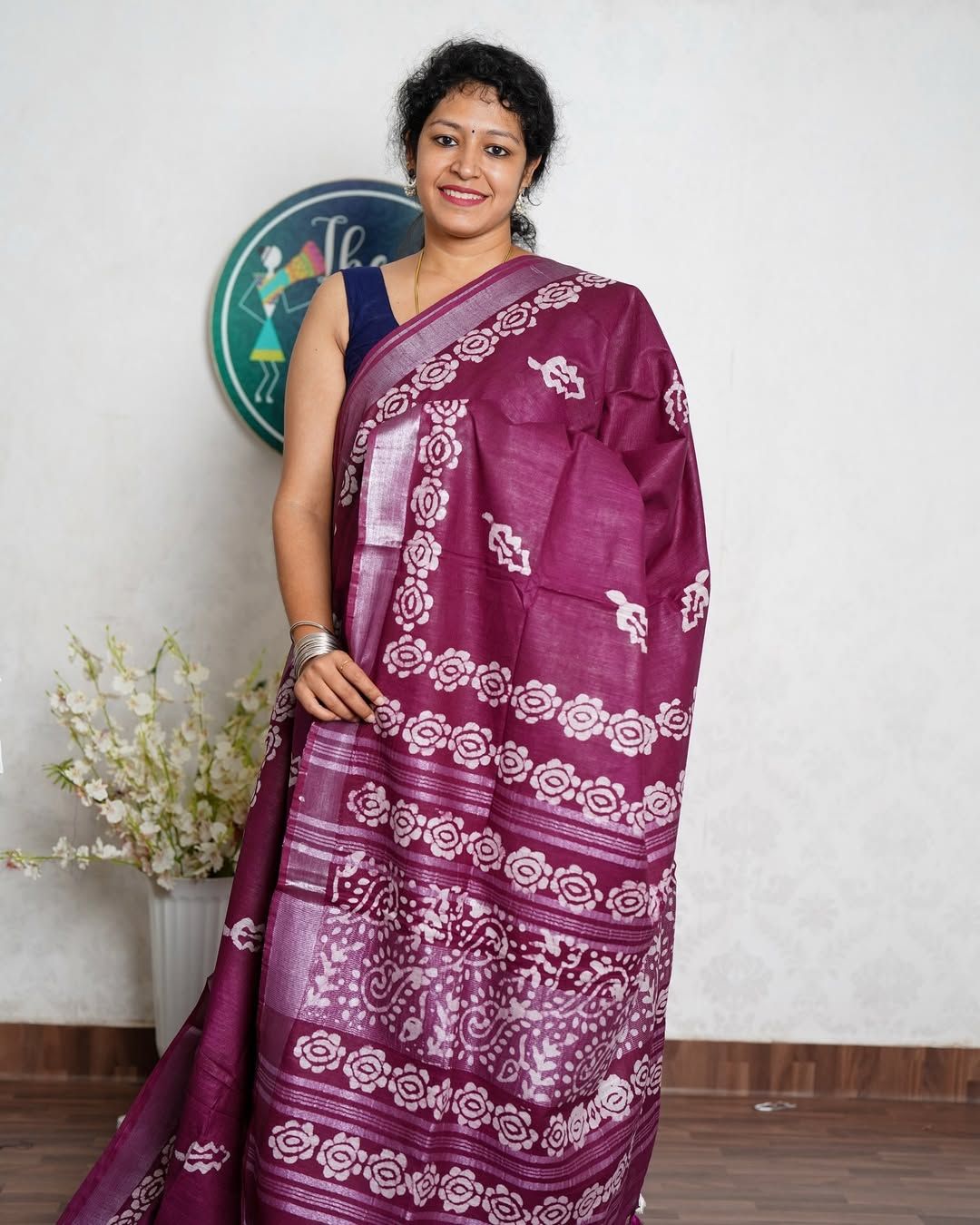 Wine Purple Saree with White Floral Motifs and Pink Border