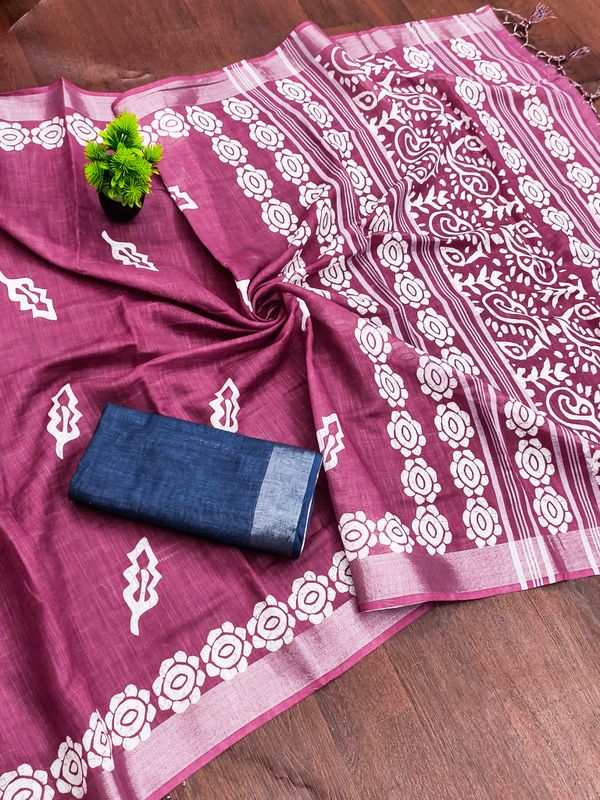 Wine Purple Saree with White Floral Motifs and Pink Border