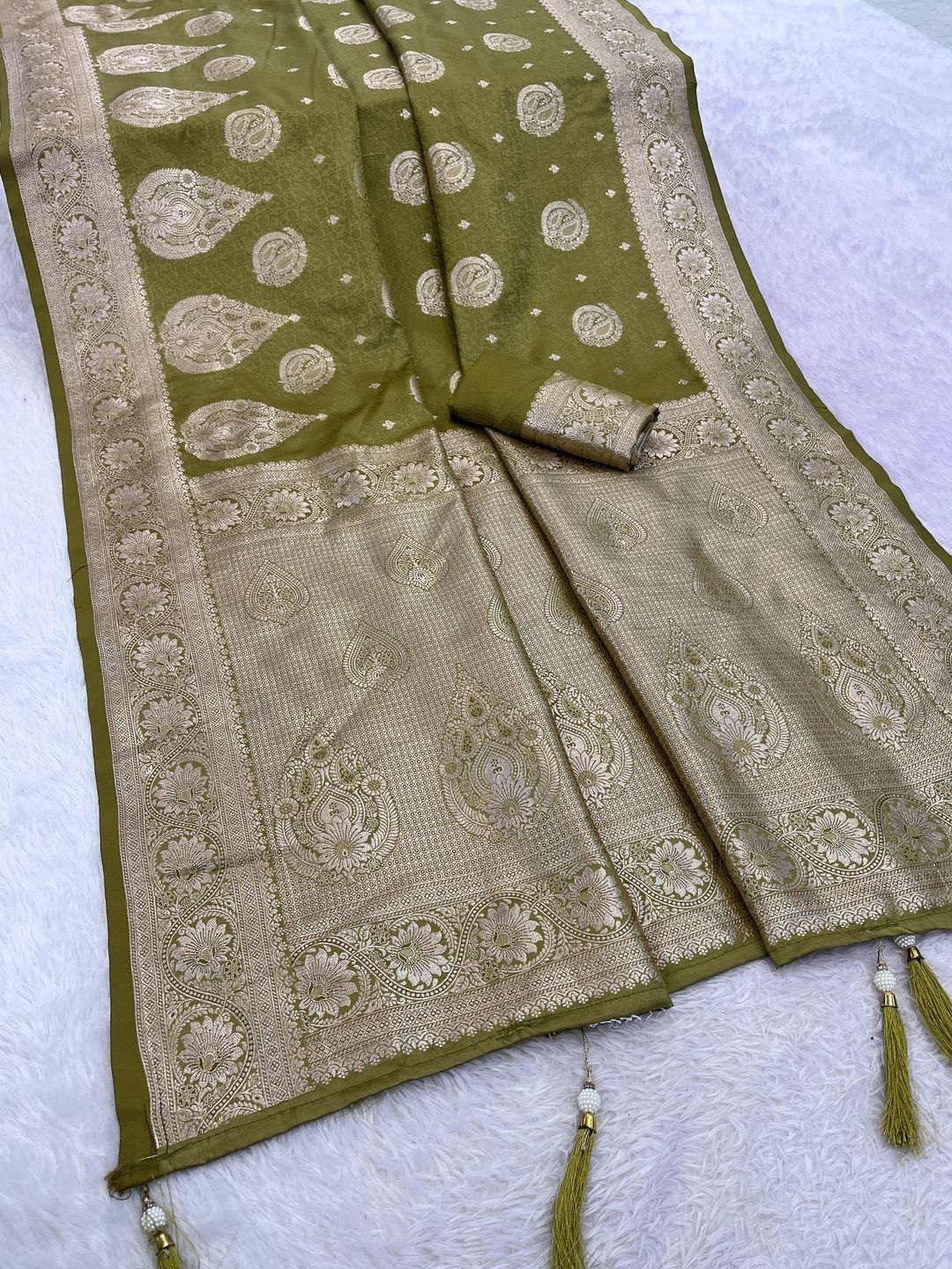 Mehndi Green Satin Silk Saree with Golden Paisley Jacquard Border