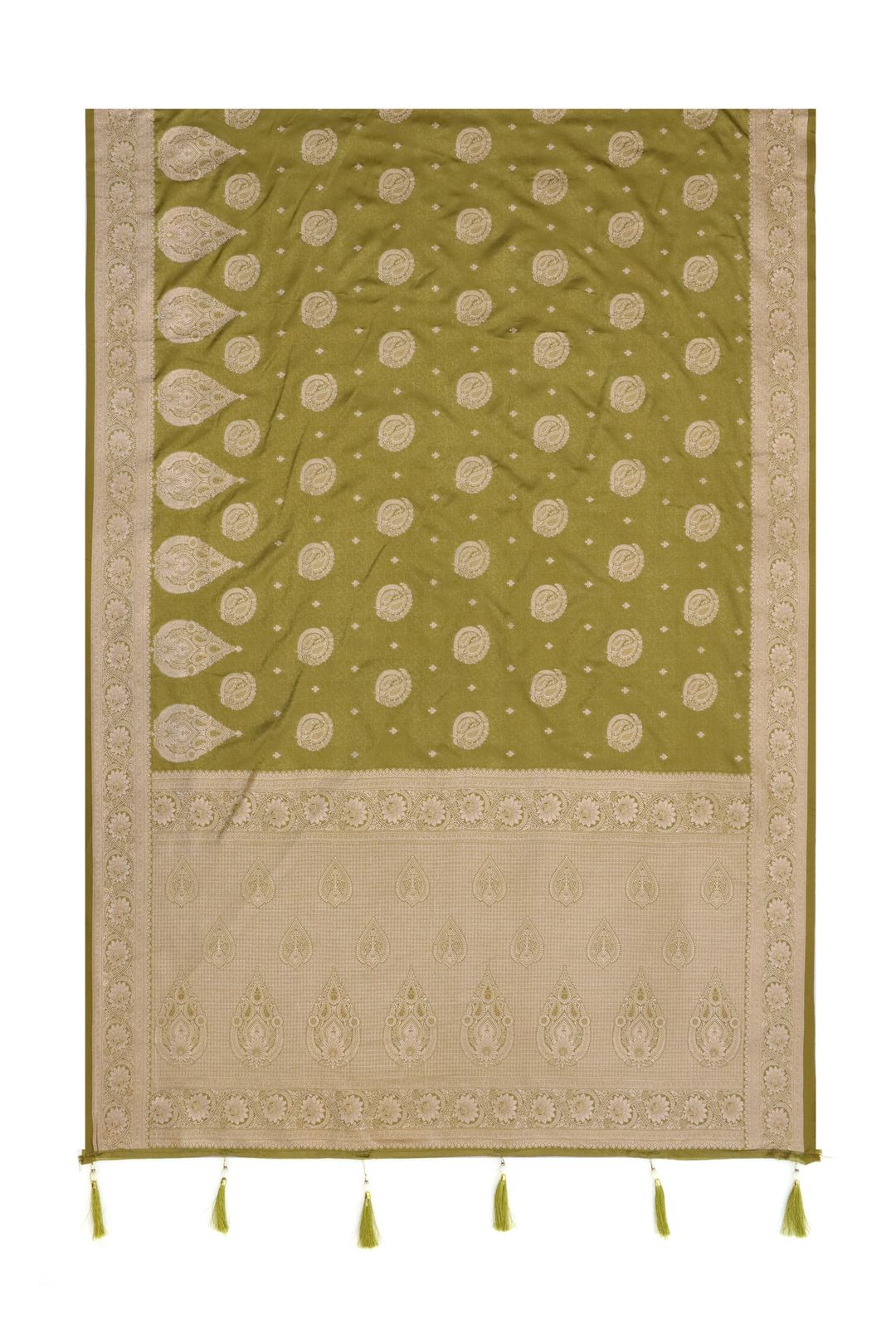 Mehndi Green Satin Silk Saree with Golden Paisley Jacquard Border