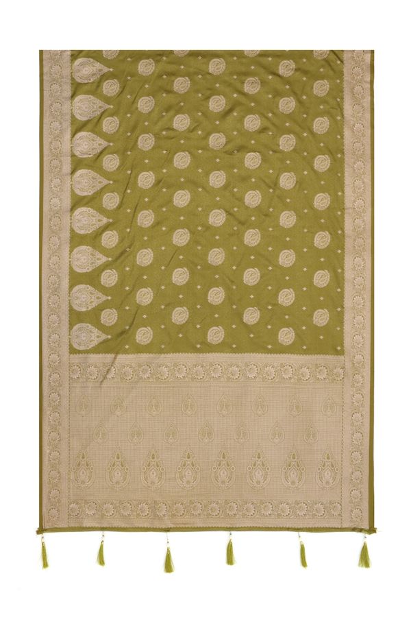 Mehndi Green Satin Silk Saree with Golden Paisley Jacquard Border