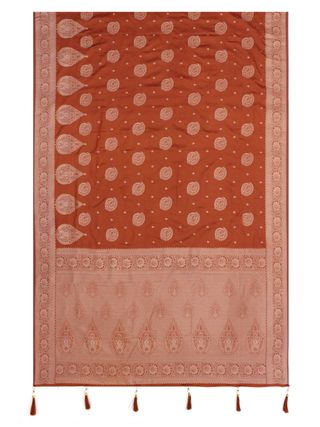 Rust Orange Satin Silk Saree with Golden Paisley Jacquard Weave