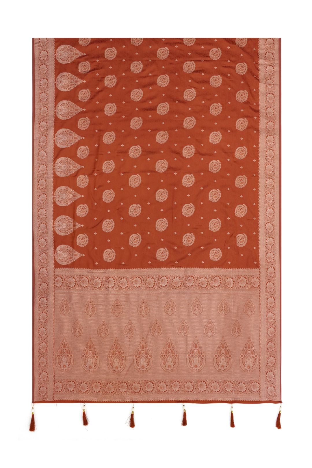 Rust Orange Satin Silk Saree with Golden Paisley Jacquard Weave