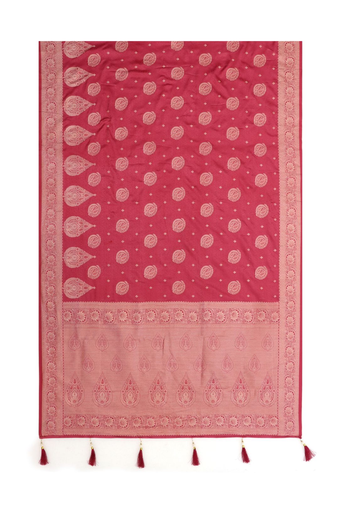 Rani Pink Satin Silk Saree with Golden Paisley Jacquard Border