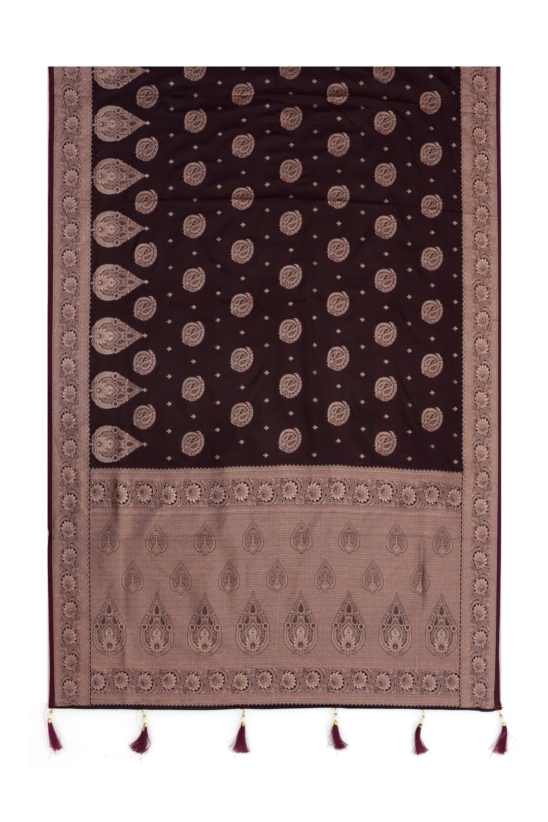 Dark Brown Satin Silk Saree with Golden Paisley Jacquard Border
