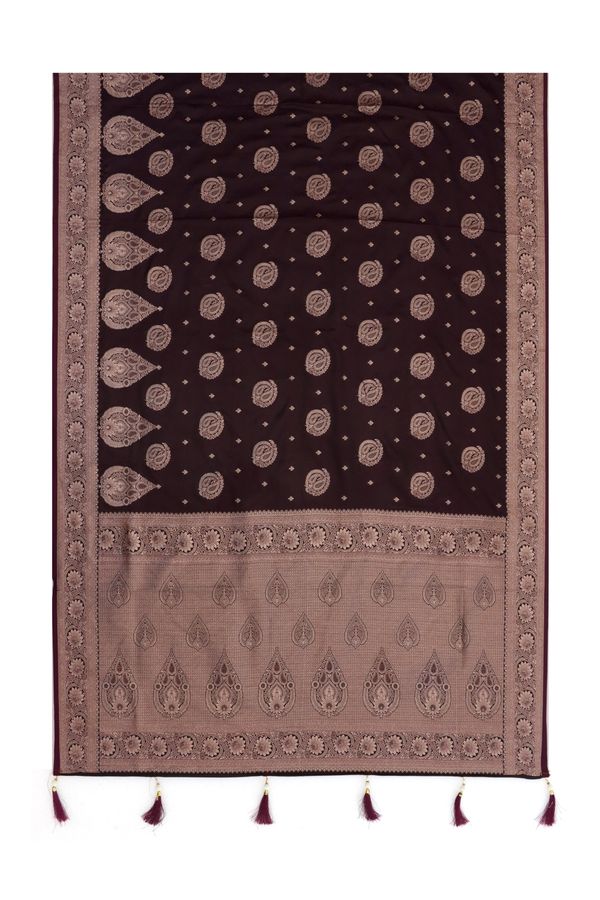 Dark Brown Satin Silk Saree with Golden Paisley Jacquard Border
