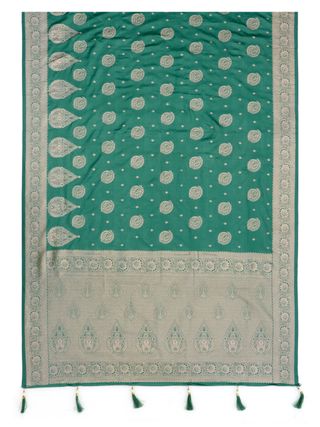 Teal Green Satin Silk Saree with Golden Paisley Jacquard Border